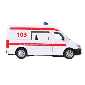 Машина металл свет-звук СКОРАЯ ПОМОЩЬ 14,5см, двери, багаж, инерц, бел, кор. ТЕХНОПАРК в кор.2*36шт