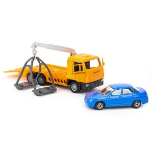 Машина металл KAMAZ ЭВАКУАТОР, 12 см,дв.,подв.дет.,инер.+машина 7,5 см, кор. Технопарк в кор.2*24шт